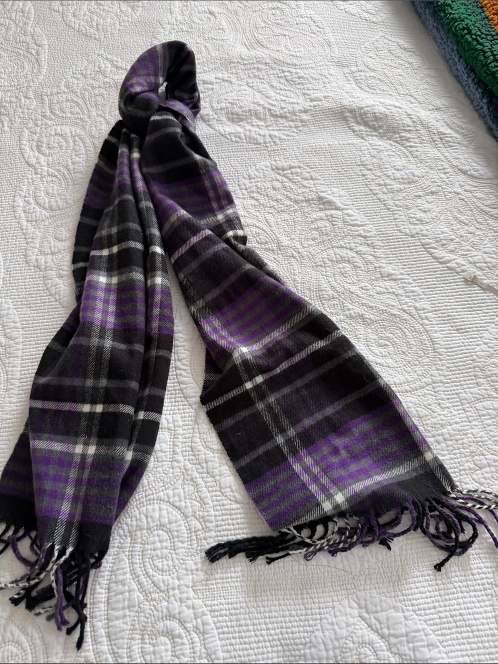 Italy Design Purple Gray Plaid Cashmere Blend Scarf Fringe 65x12